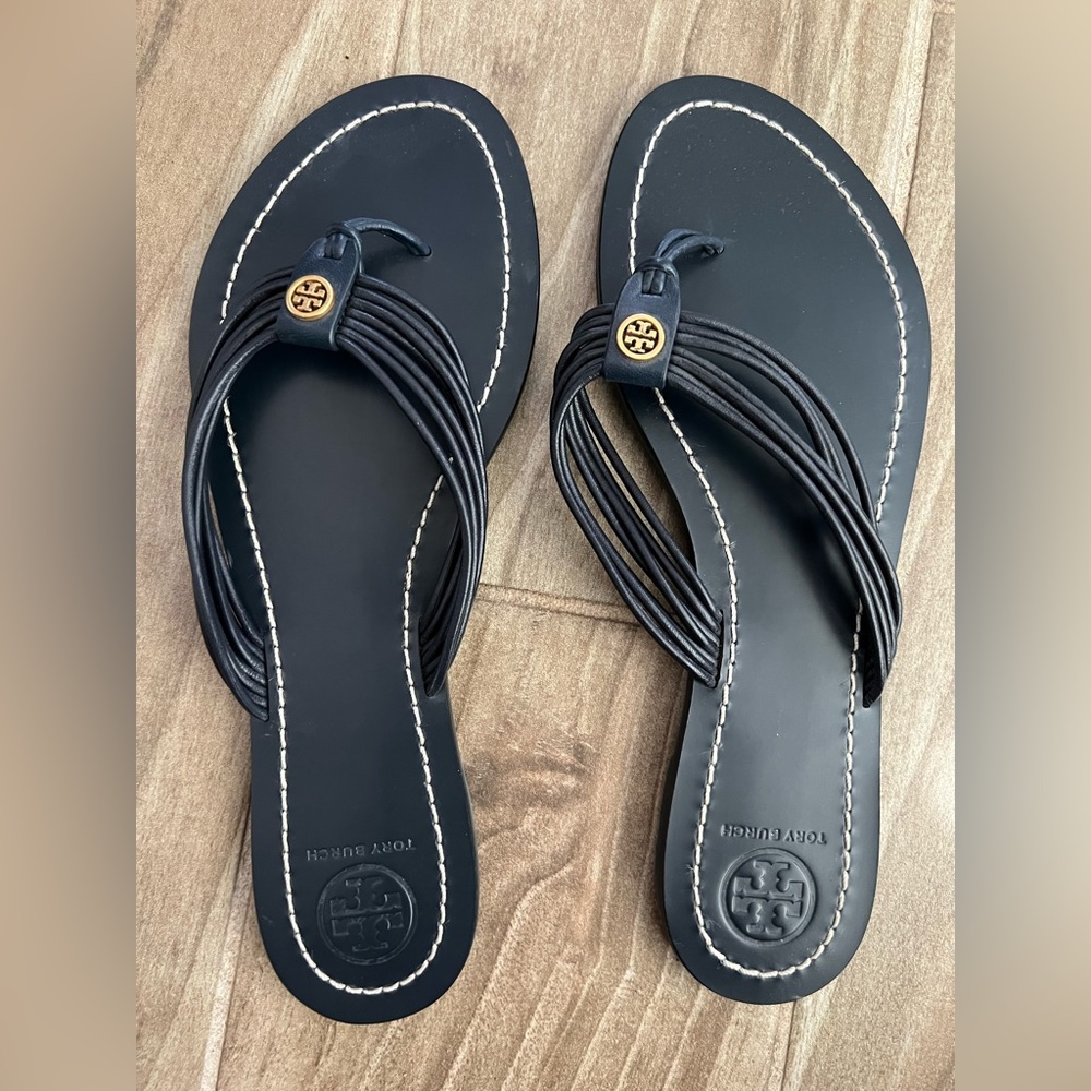 Tory Burch Navy Leather Multi-Strap Thong Sandals with Gold Logo - Picture 2 of 3
